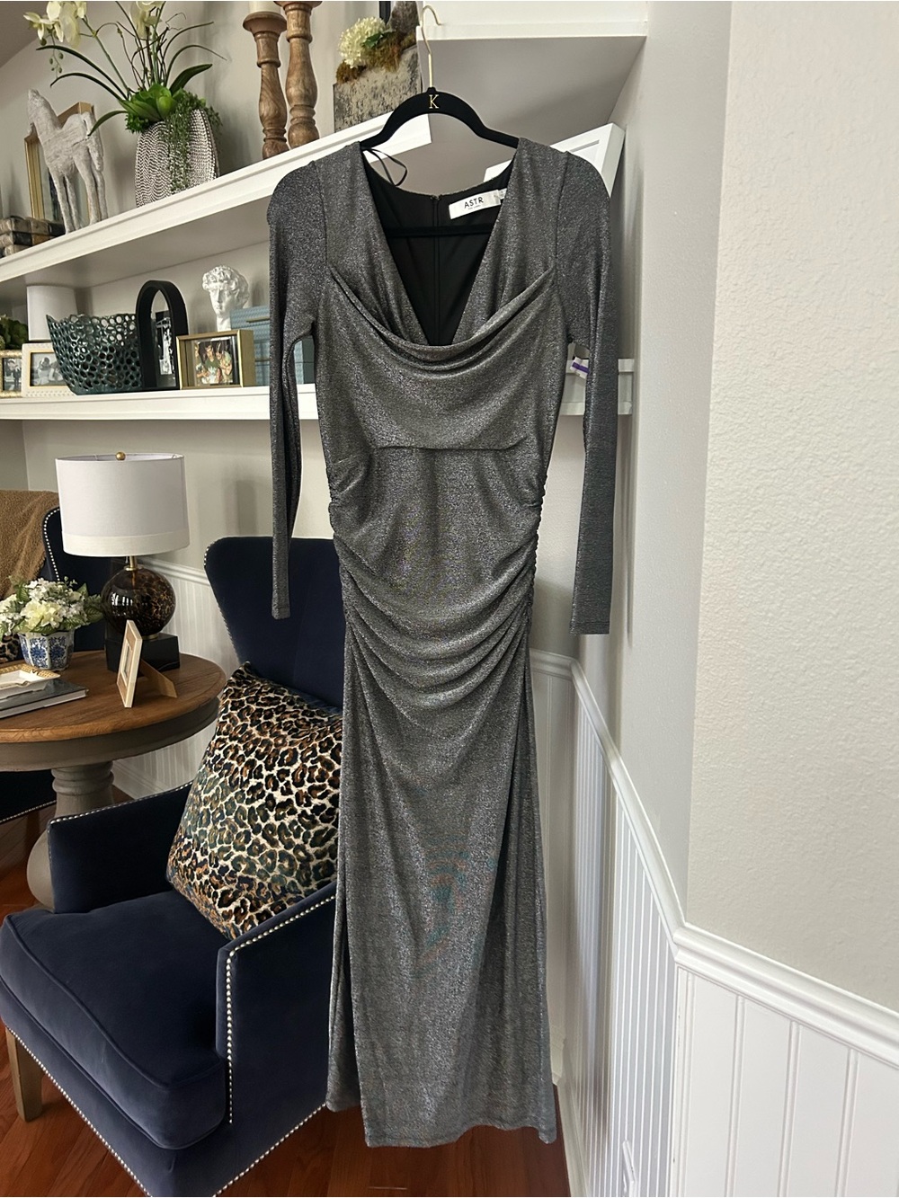 ASTR - the label Metallic Silver Long Sleeve Draped Evening Dress